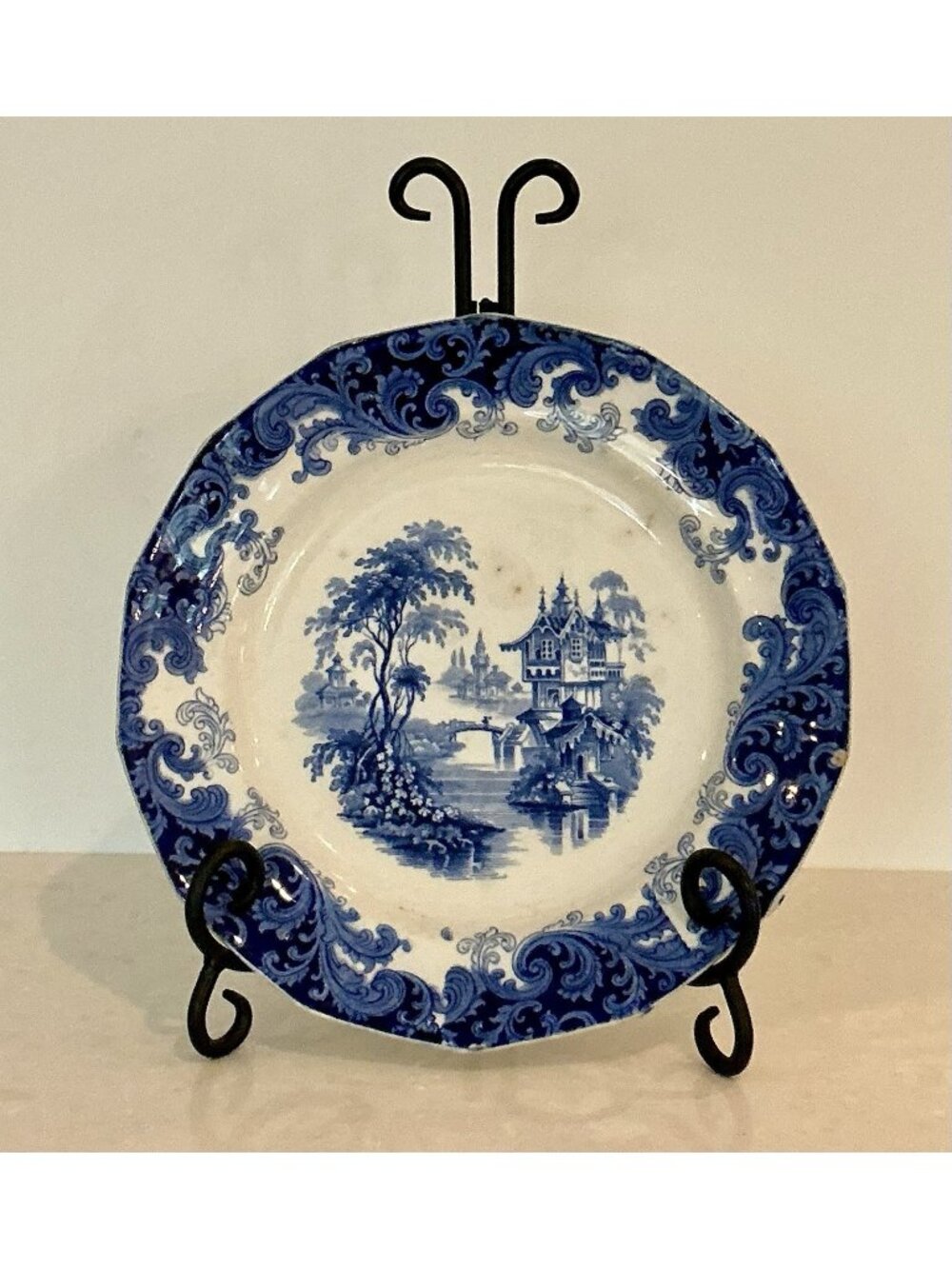 Clementson & Young Columbia Blue & White Ironstone  Chinoiserie Pagoda Plate